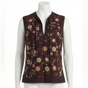 Megan Park England Luxurious 100% Silk Beaded Floral Boho Embroidered Tunic Top